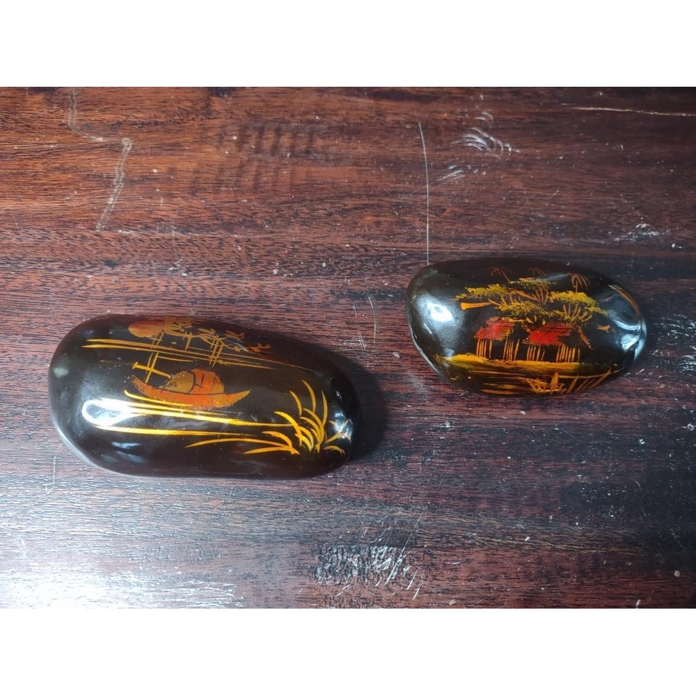 Set of 2 Hand Painted Vietnamese River Scene Decorative Stones Made in Vietnam